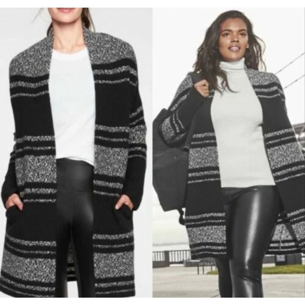 Athleta panorama point cashmere blend black striped longline cardigan sweater xs